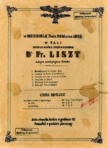 Poster of Liszt’s concert in Wroclaw from the collection of Henryk Bicz-Swiecicki. The poster was presented at the exhibition of Henryk Bicz-Swiecicki’s works in the Music and Literature Club in Wroclaw, which accompanied “Liszt Evenings” closing bicentennial celebrations of Liszt’s birth.